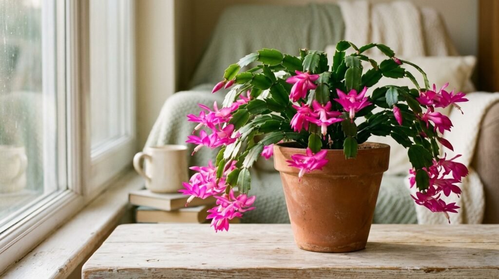 Christmas cactus with bright pink flowers in a terracotta pot on a sunny windowsill