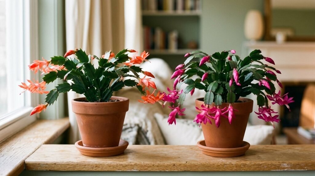 A Thanksgiving cactus with coral flowers next to a Christmas cactus with pink flowers in terracotta pots on a windowsill